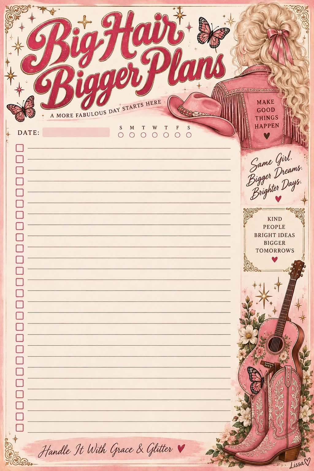 Big Hair, Bigger Plans 5 by 7 inch notepad page design