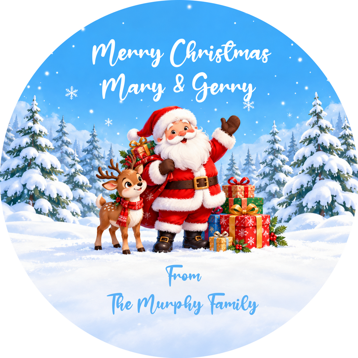 Blue Santa Personalised Christmas Sweet Tub Label — 20 cm — names shown are examples