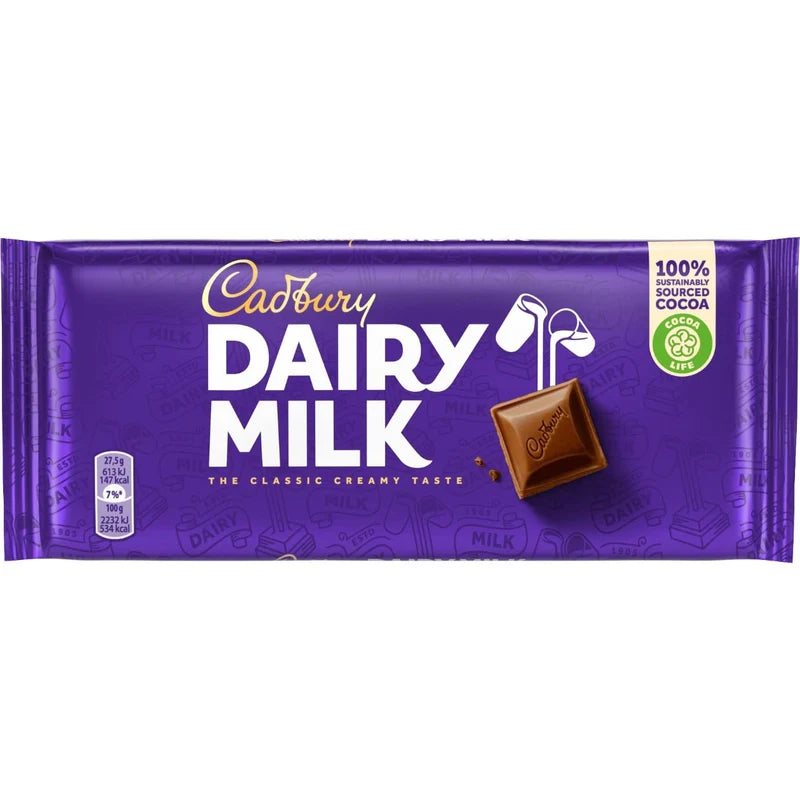 Cadbury Dairy Milk chocolate bar in its original purple packaging