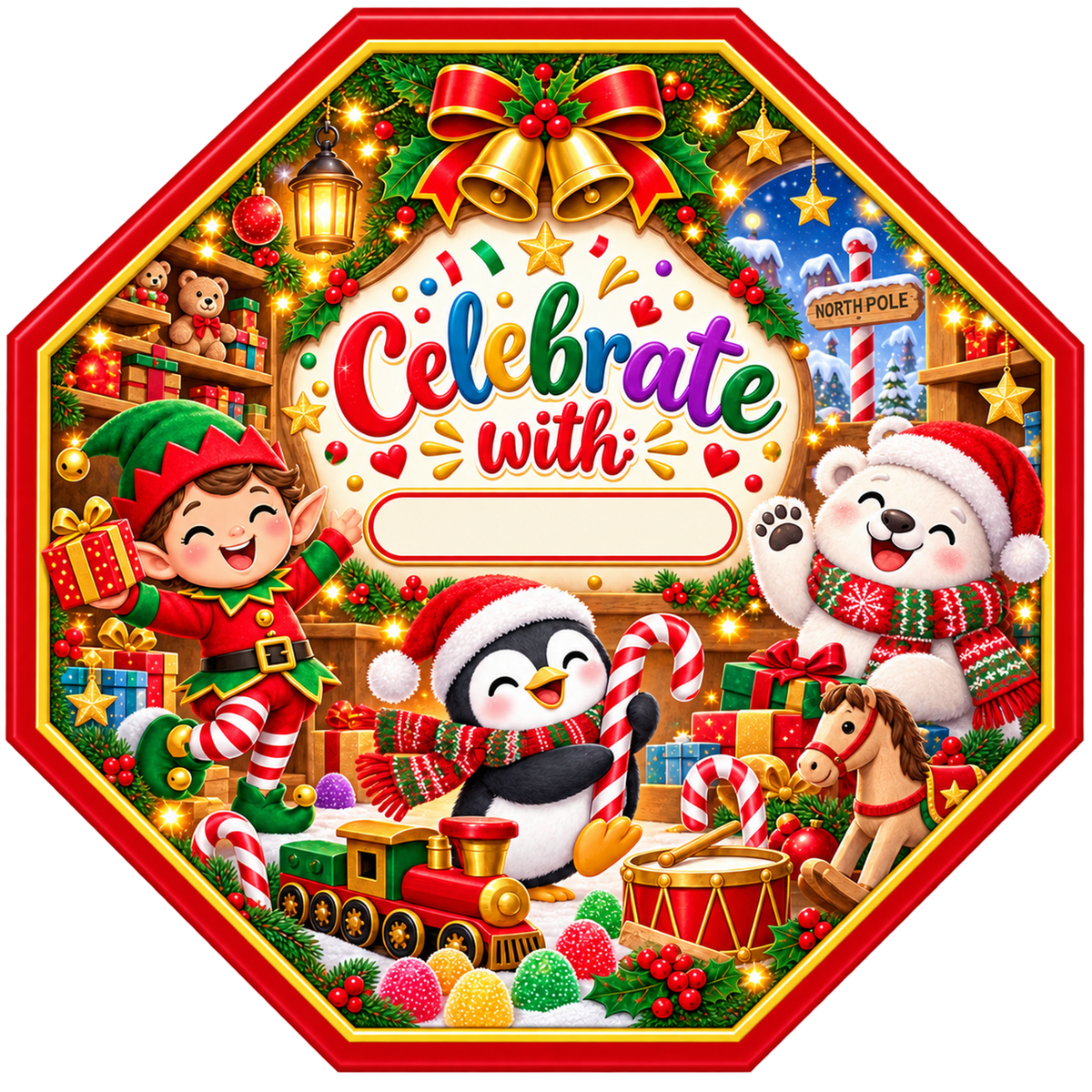 Celebrate With Personalised Christmas Sweet Tub Label — Octagon, 19 cm — blank area personalised with your chosen name