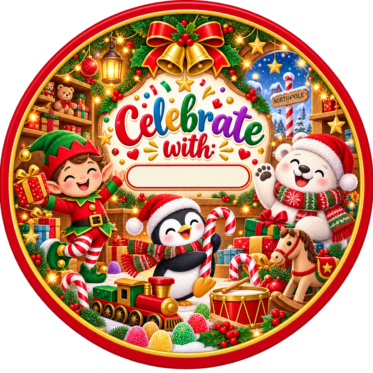 Celebrate With Personalised Christmas Sweet Tub Label — Round, 19 cm — blank area personalised with your chosen name