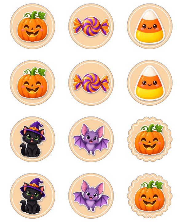 Halloween cupcake topper designs with smiling pumpkins, sweets, candy corn, black cats and purple bats