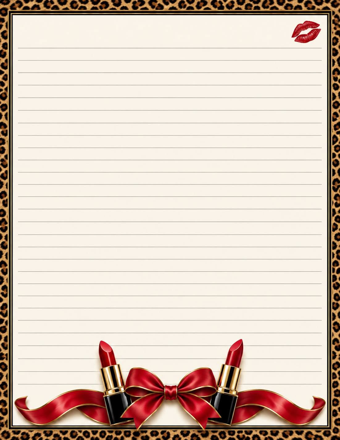 Leopard print lined notepad with red bow and lipsticks