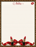 Leopard print lined notepad with red Notes heading, bow and lipsticks