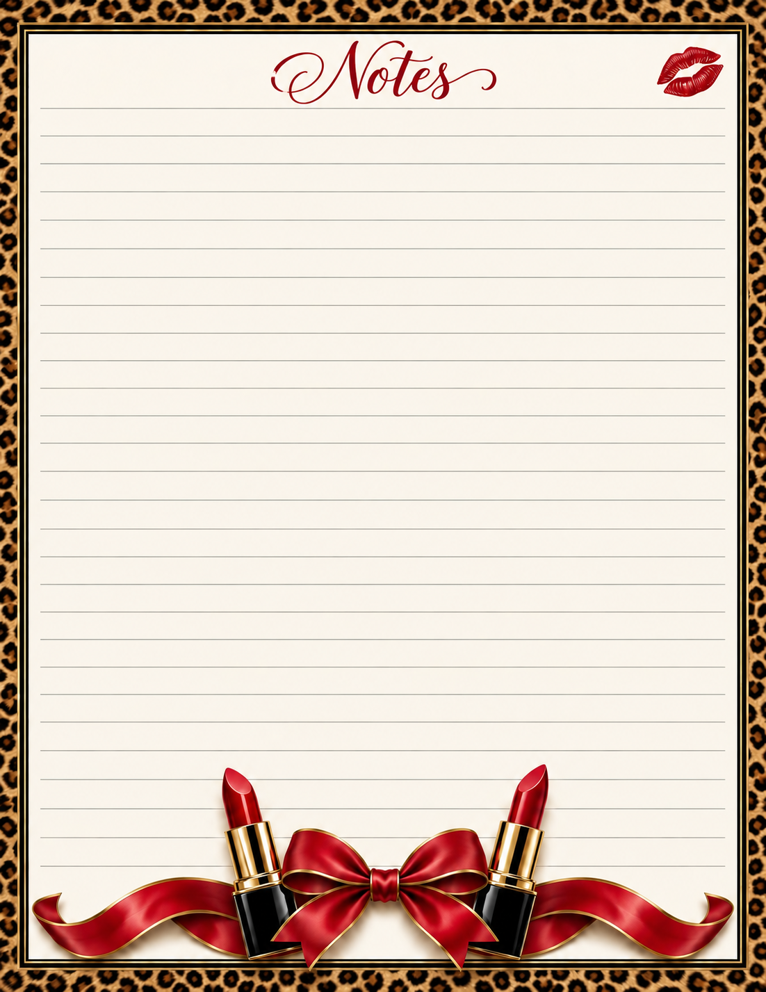 Leopard print lined notepad with red Notes heading, bow and lipsticks