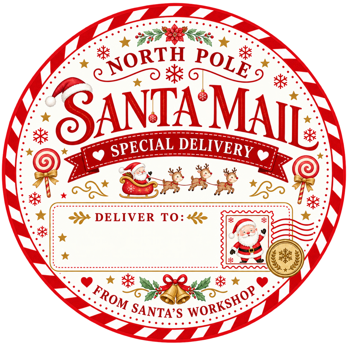 North Pole Santa Mail Personalised Sweet Tub Label — blank area personalised with your chosen name