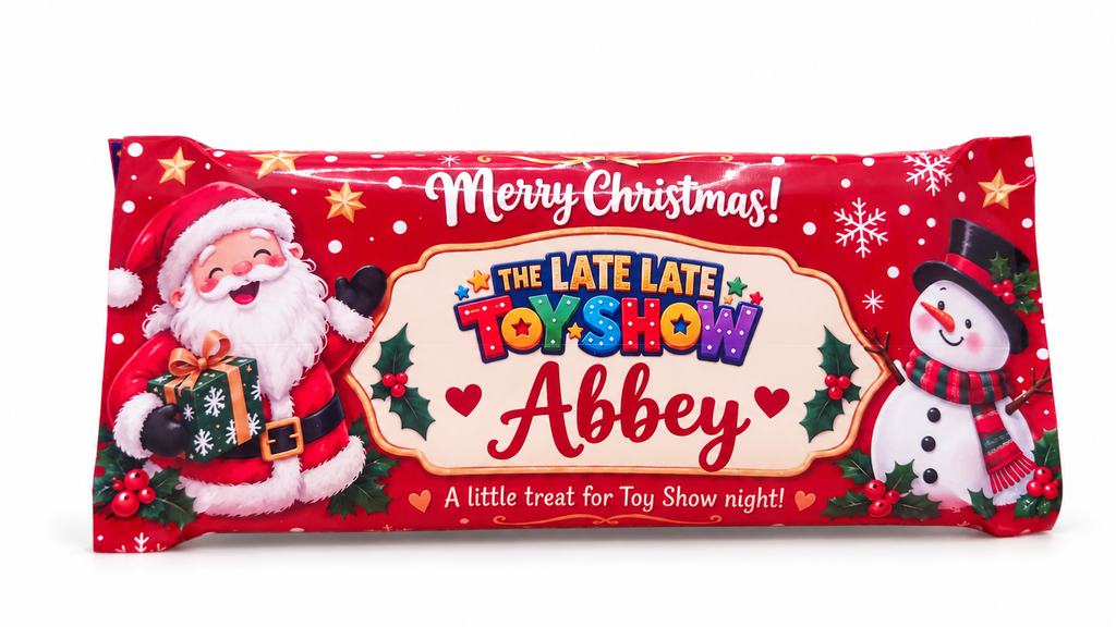 Personalised Toy Show chocolate bar with Santa and snowman, Abbey sample name, on a white background