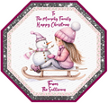 Pink Snowman Personalised Christmas Quality Street Tub Label — names shown are examples