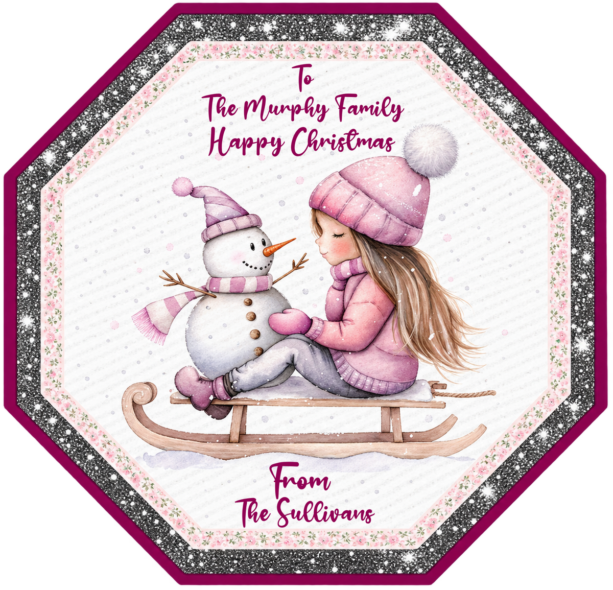 Pink Snowman Personalised Christmas Quality Street Tub Label — names shown are examples