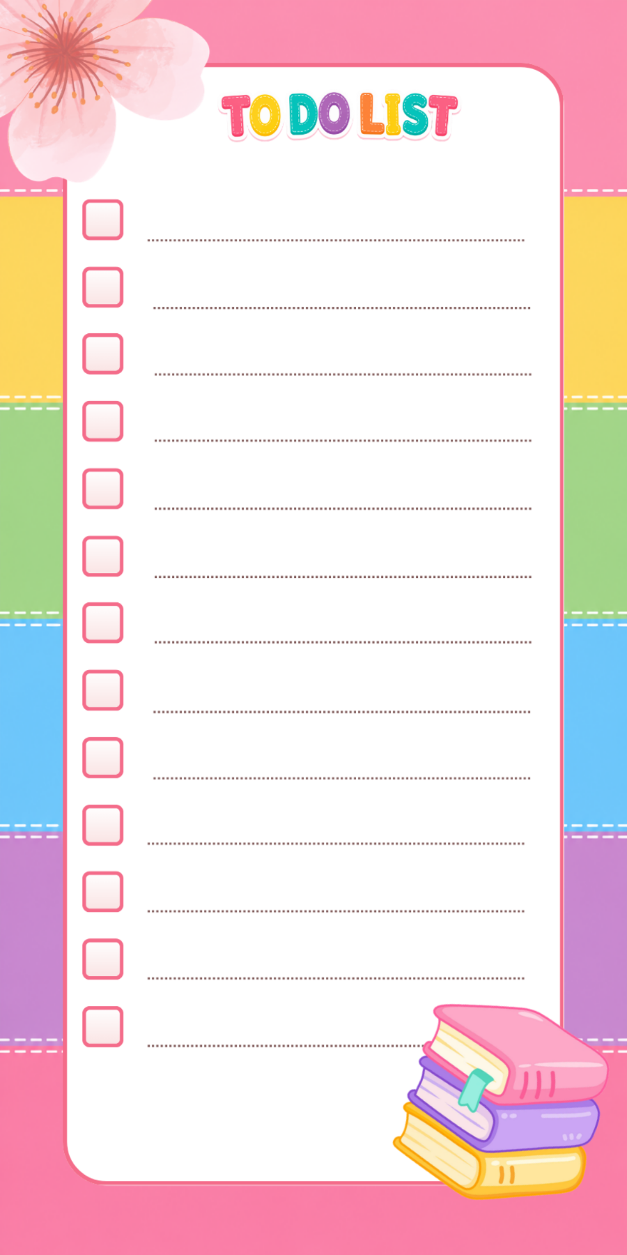 Rainbow To Do List notepad with checkboxes and books
