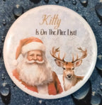 Matching 5.8 cm Nice List badge featuring Santa and a reindeer