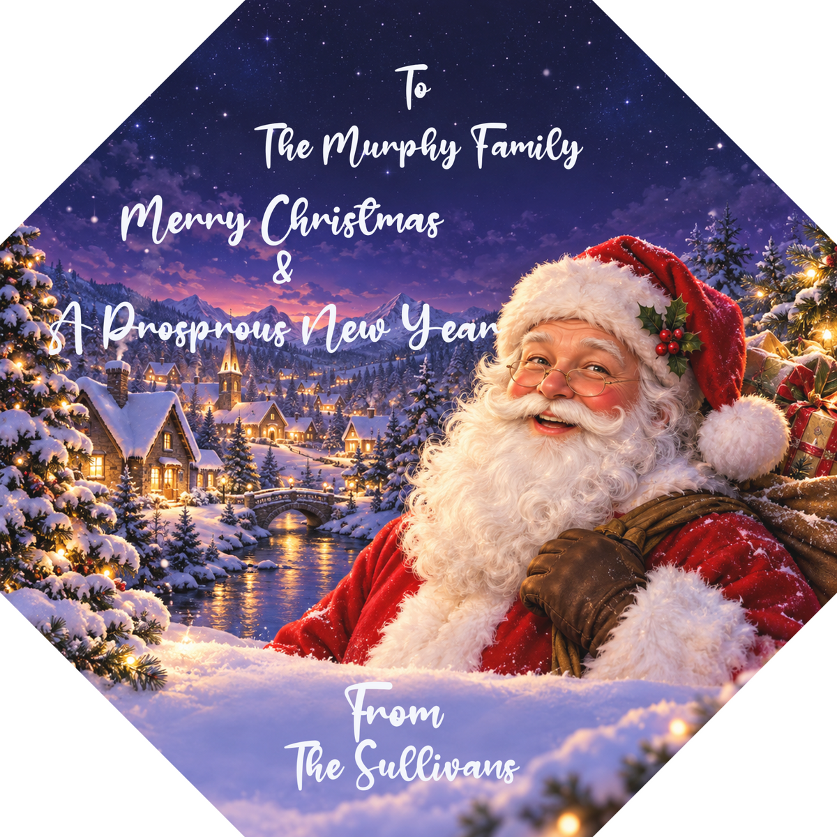 Santa Christmas Personalised Quality Street Tub Label — names shown are examples